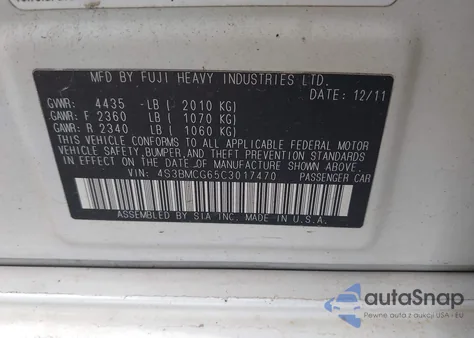 2012 Subaru Legacy 2.5I Premium from USA, damaged, VIN 4S3BMCG65C3017470